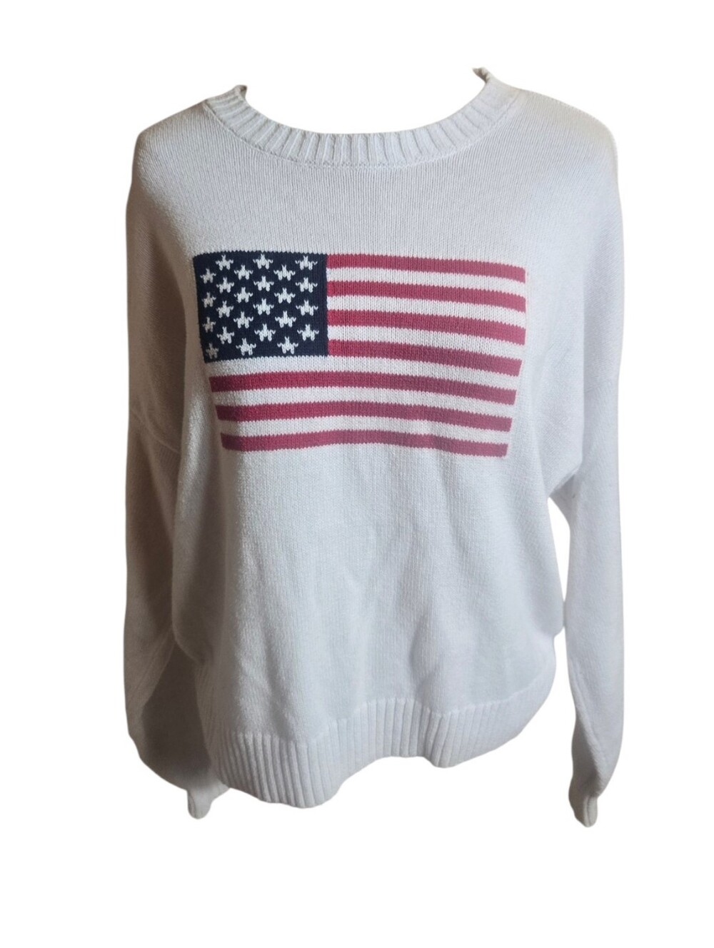 Hollister White Relaxed Fit Cropped Sweater with Red & Blue Flag Knit